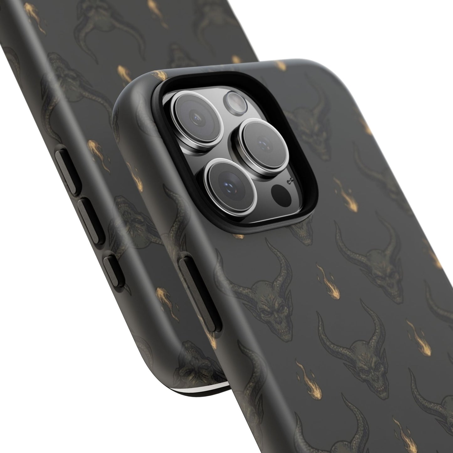 Dark Skull Pattern Phone Case — Gothic Bull Skull with Tiny Flame Accent