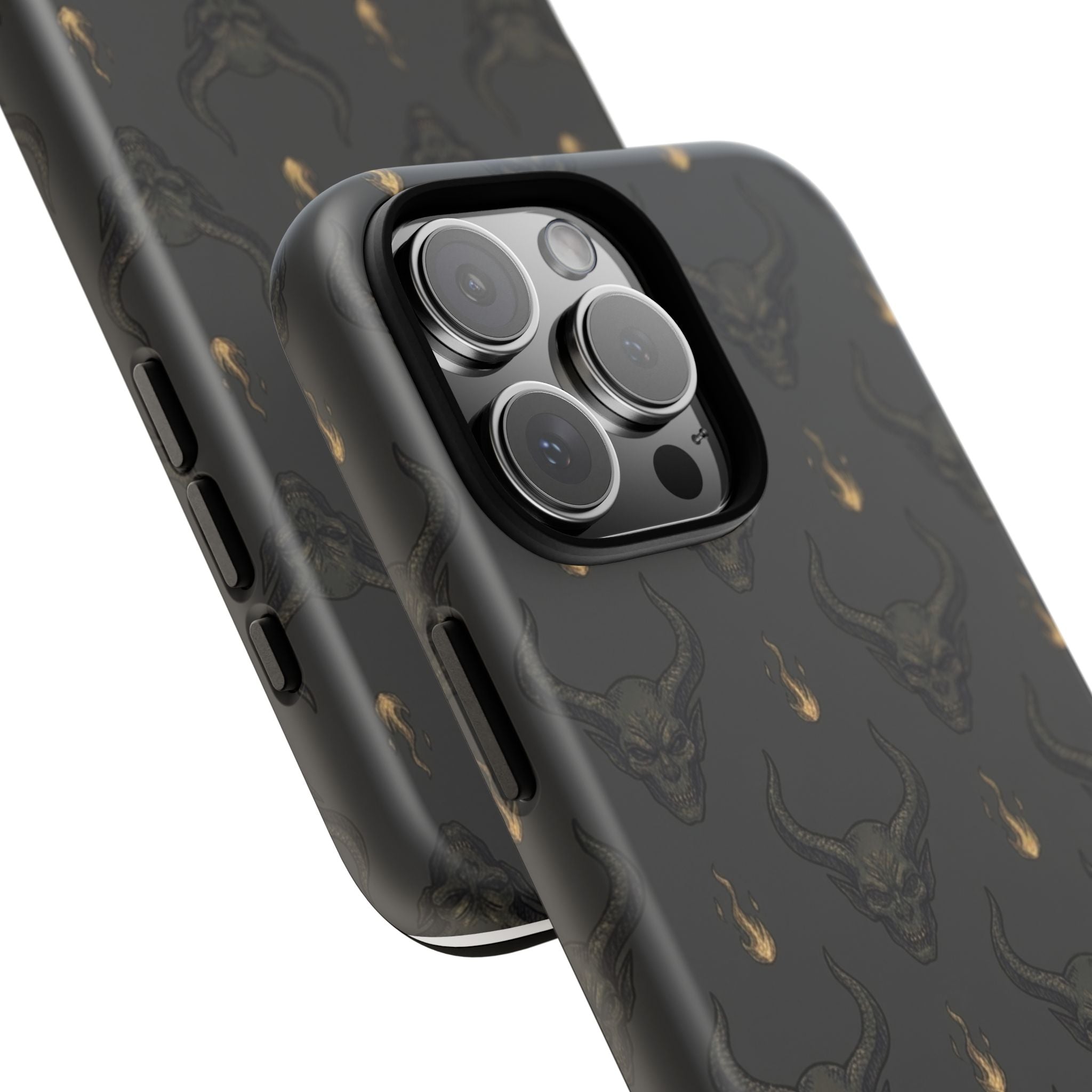 Dark Skull Pattern Phone Case — Gothic Bull Skull with Tiny Flame Accent
