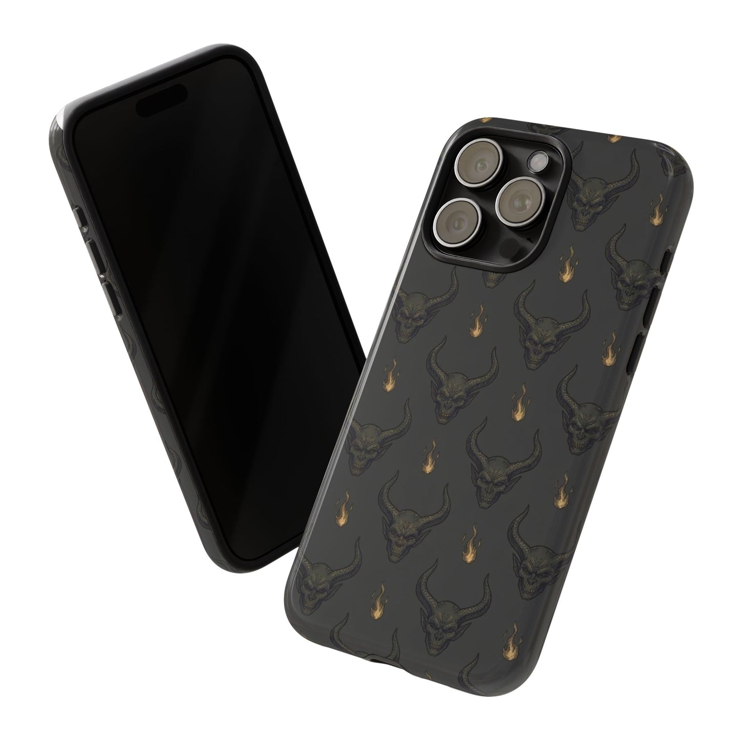 Dark Skull Pattern Phone Case — Gothic Bull Skull with Tiny Flame Accent
