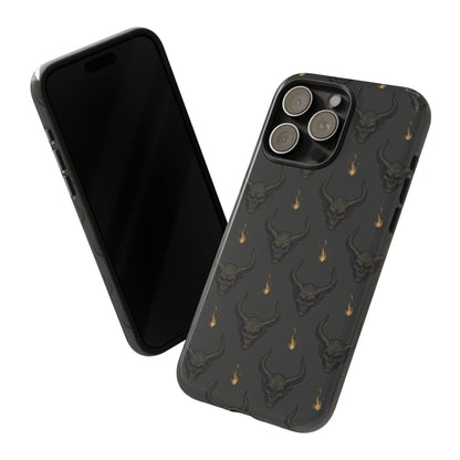 Dark Skull Pattern Phone Case — Gothic Bull Skull with Tiny Flame Accent