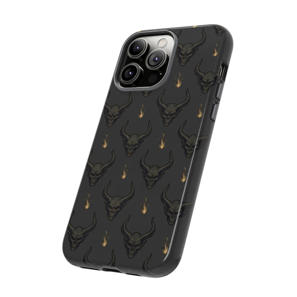Dark Skull Pattern Phone Case — Gothic Bull Skull with Tiny Flame Accent
