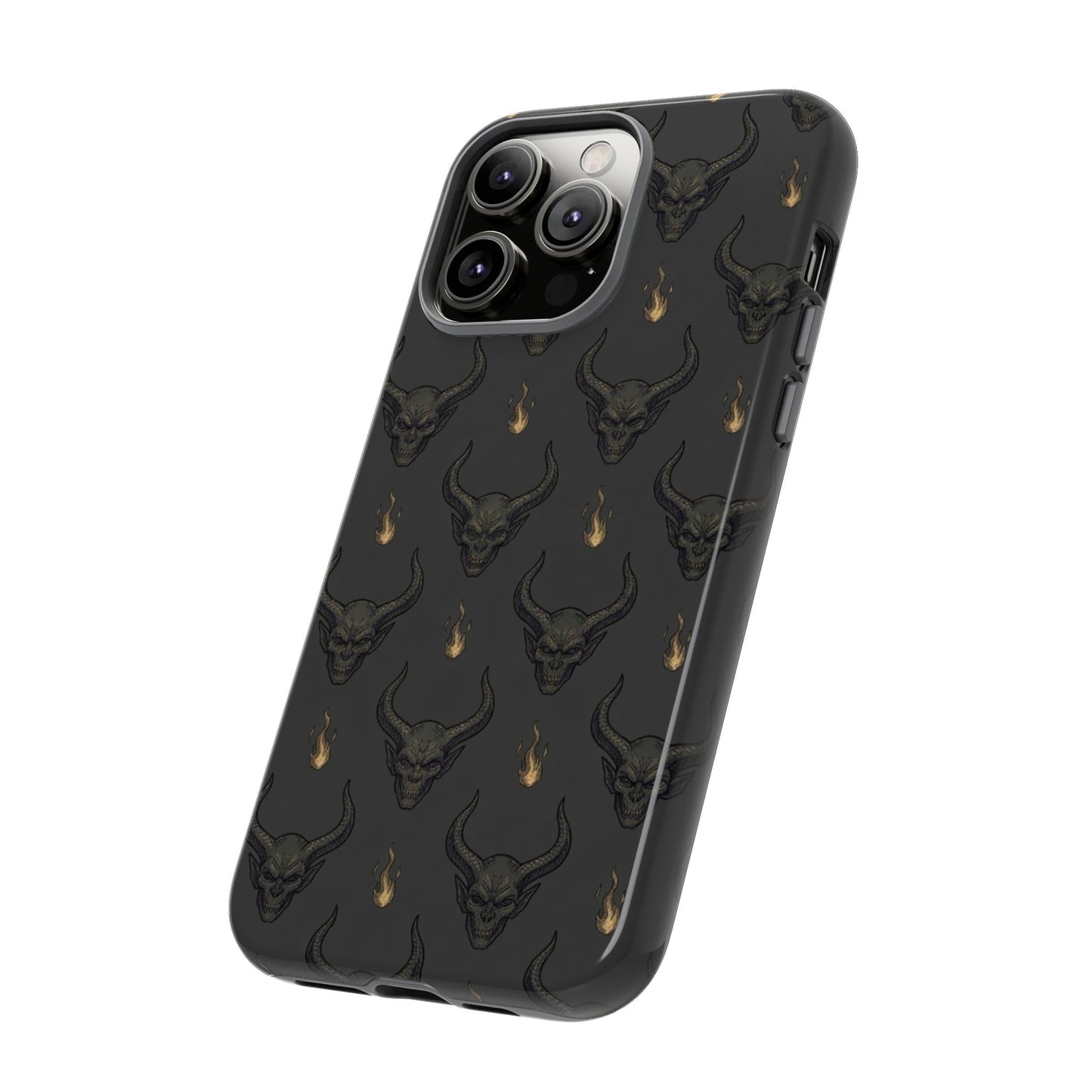 Dark Skull Pattern Phone Case — Gothic Bull Skull with Tiny Flame Accent