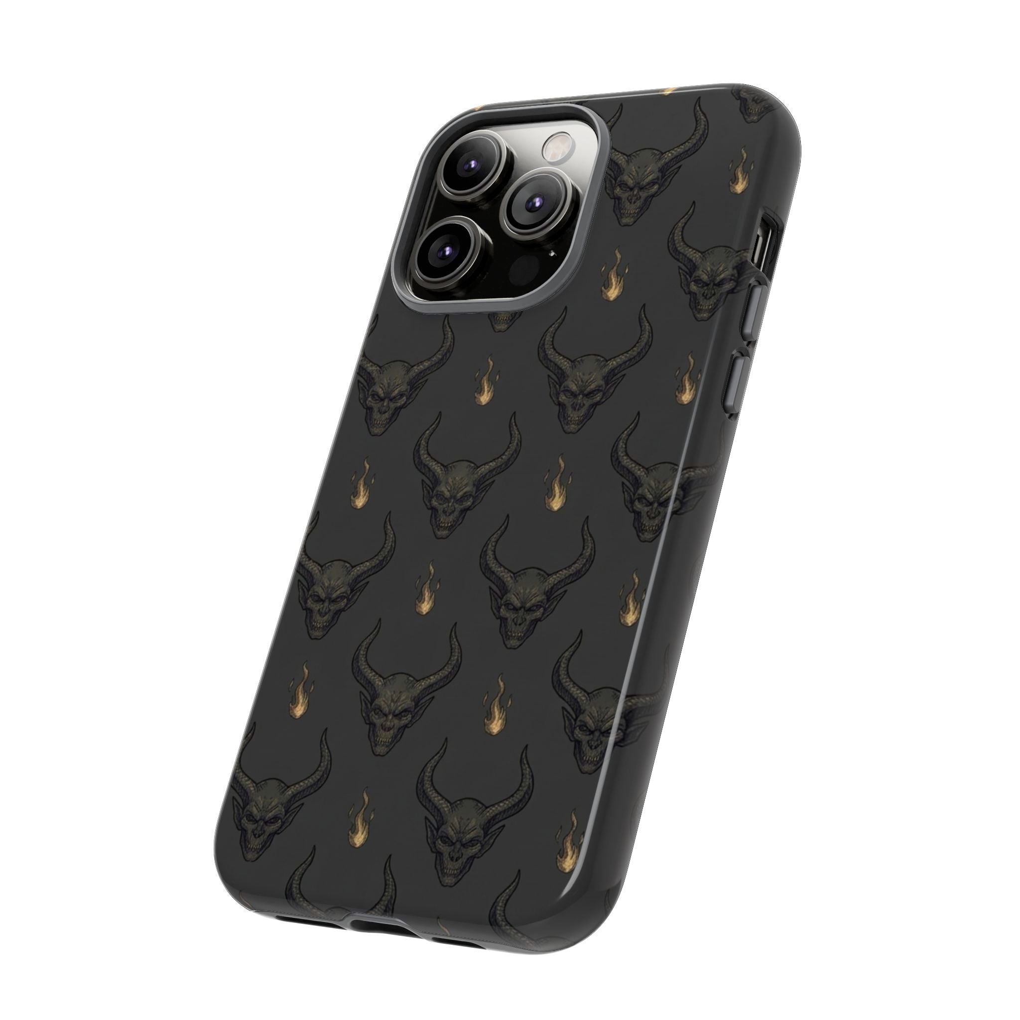 Dark Skull Pattern Phone Case — Gothic Bull Skull with Tiny Flame Accent