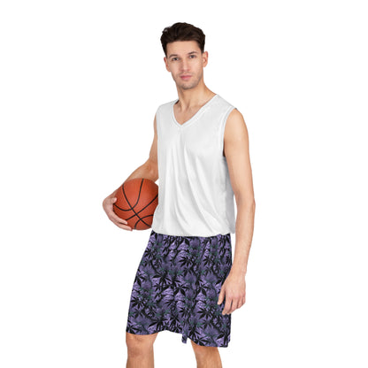 Purple Cannabis Leaf All-Over Print Basketball Shorts — Floral Stoner Pattern