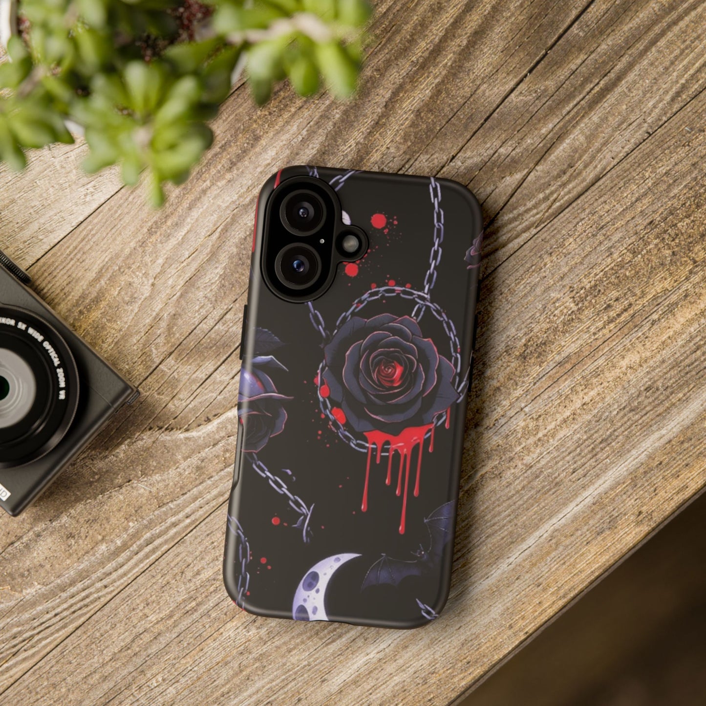 Phone Case — Gothic Dripping Black Rose & Moon Protective Case