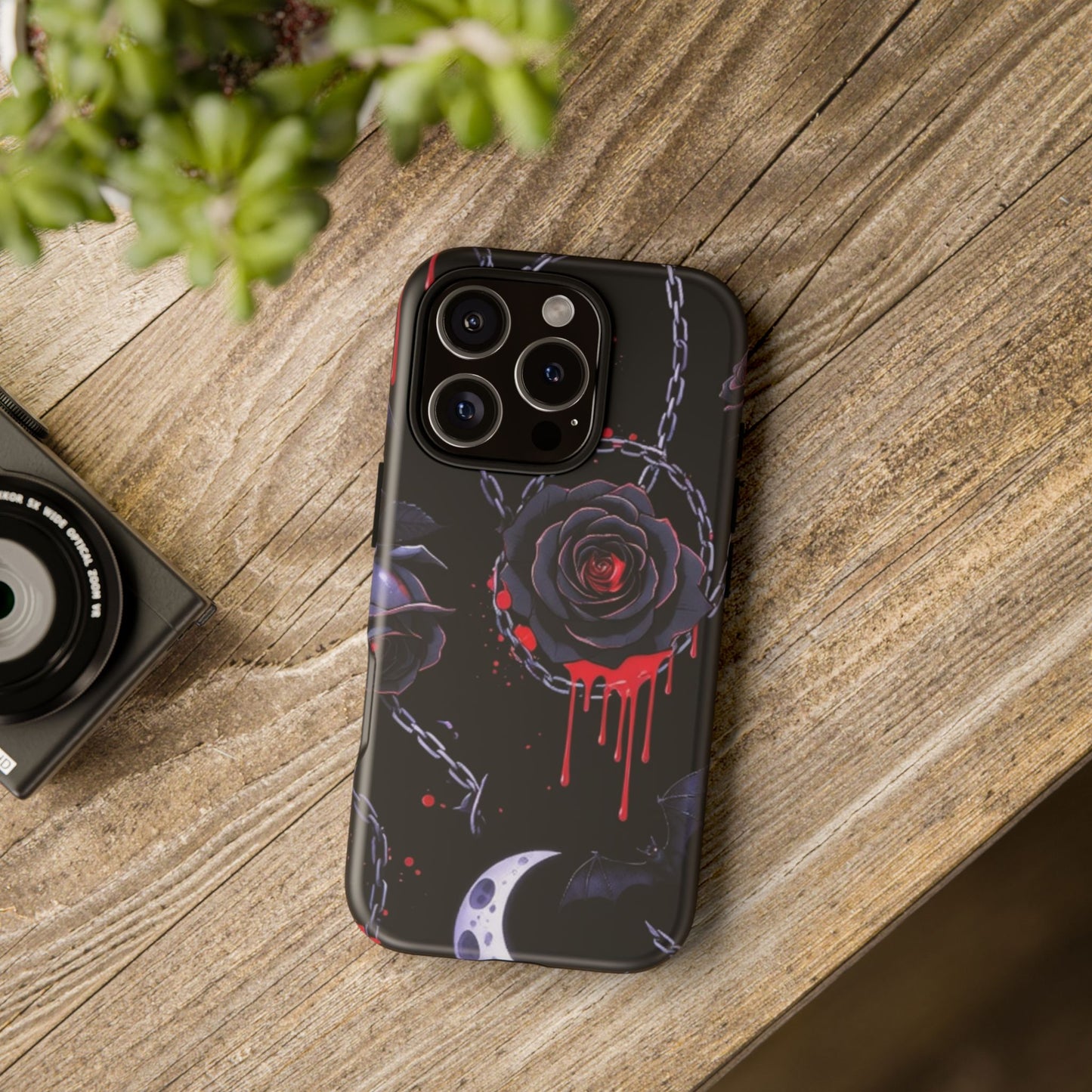 Phone Case — Gothic Dripping Black Rose & Moon Protective Case