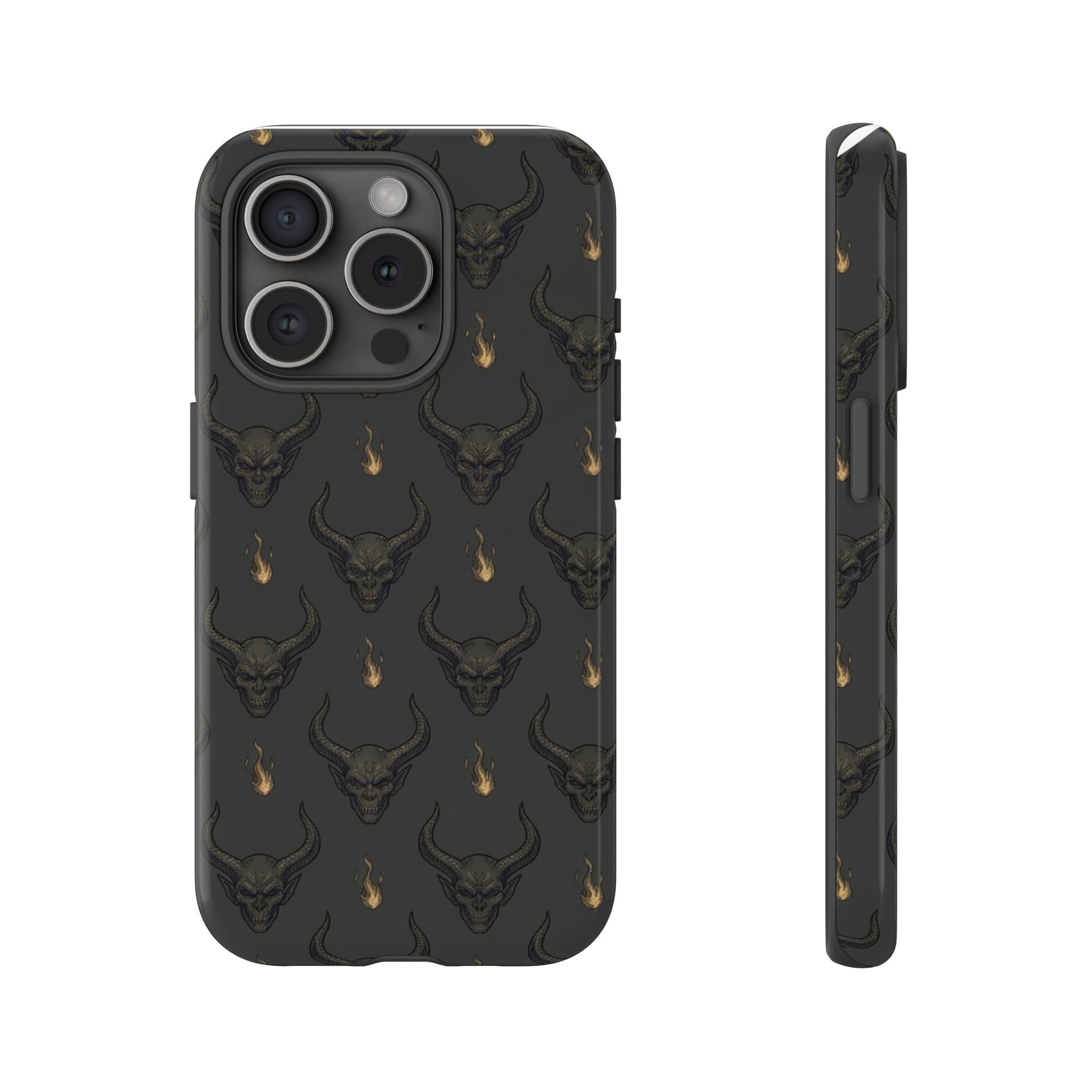Dark Skull Pattern Phone Case — Gothic Bull Skull with Tiny Flame Accent