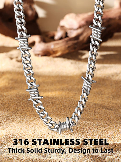 Stainless Steel Barbed Wire Thick Cuban Chain Necklace 5/7/9/12mm