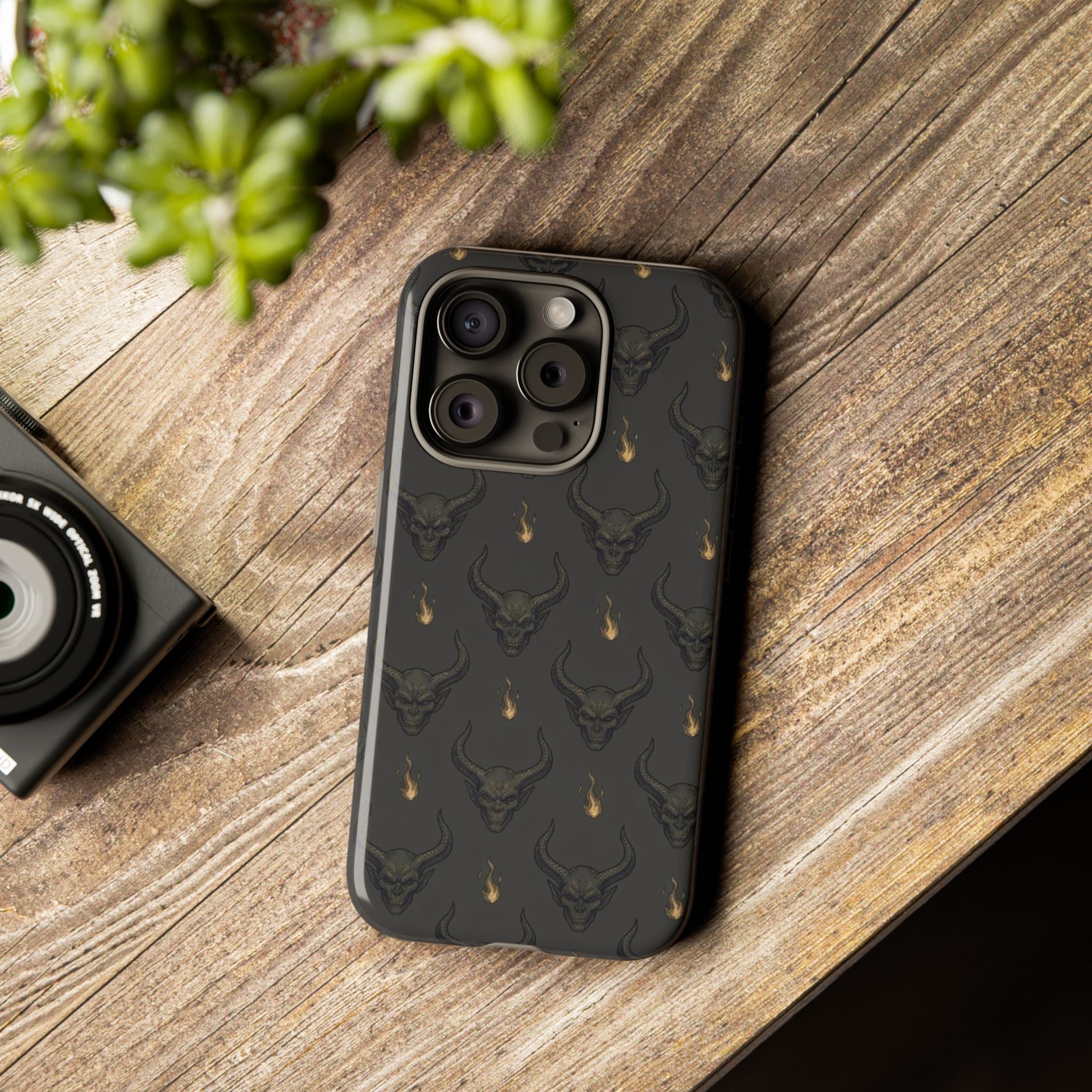 Dark Skull Pattern Phone Case — Gothic Bull Skull with Tiny Flame Accent