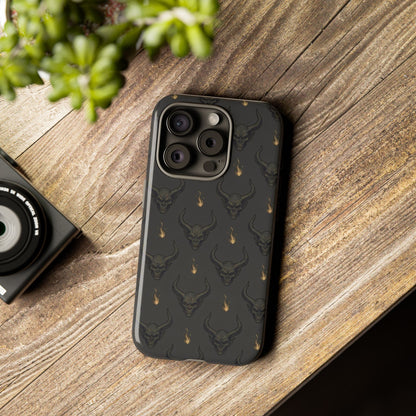 Dark Skull Pattern Phone Case — Gothic Bull Skull with Tiny Flame Accent