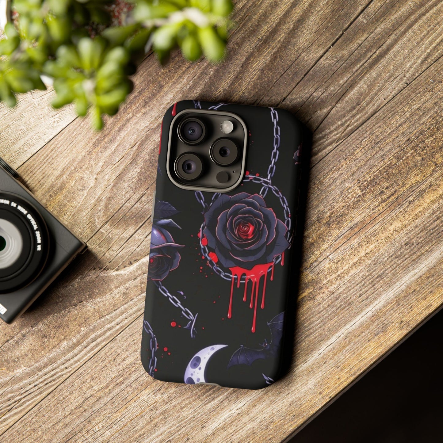 Phone Case — Gothic Dripping Black Rose & Moon Protective Case