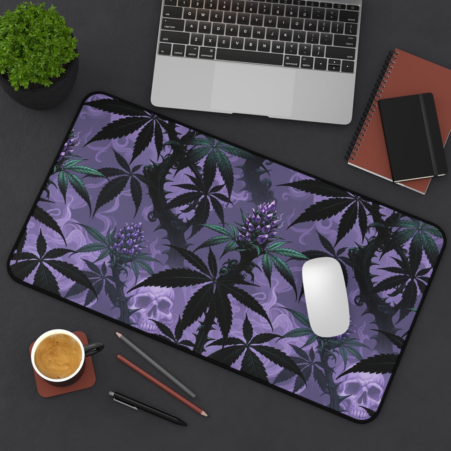 Purple Cannabis Leaf Desk Mat — Gothic Skull & Bud Gaming Mouse Pad