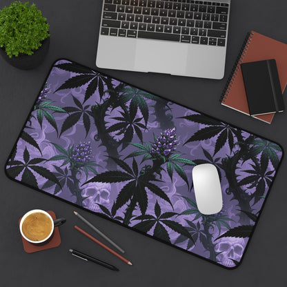Purple Cannabis Leaf Desk Mat — Gothic Skull & Bud Gaming Mouse Pad