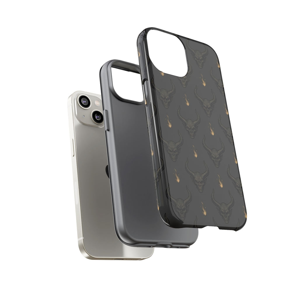 Dark Skull Pattern Phone Case — Gothic Bull Skull with Tiny Flame Accent