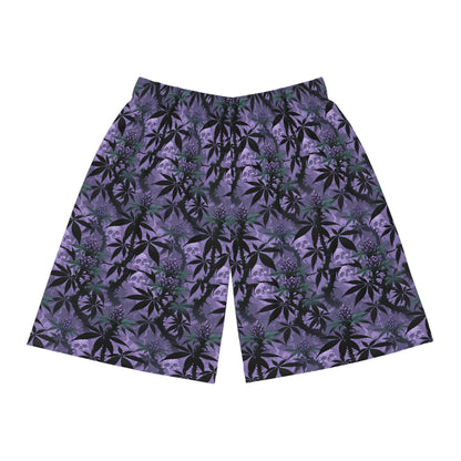Purple Cannabis Leaf All-Over Print Basketball Shorts — Floral Stoner Pattern