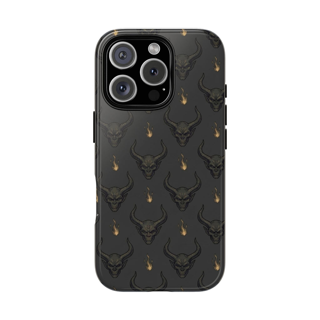 Dark Skull Pattern Phone Case — Gothic Bull Skull with Tiny Flame Accent