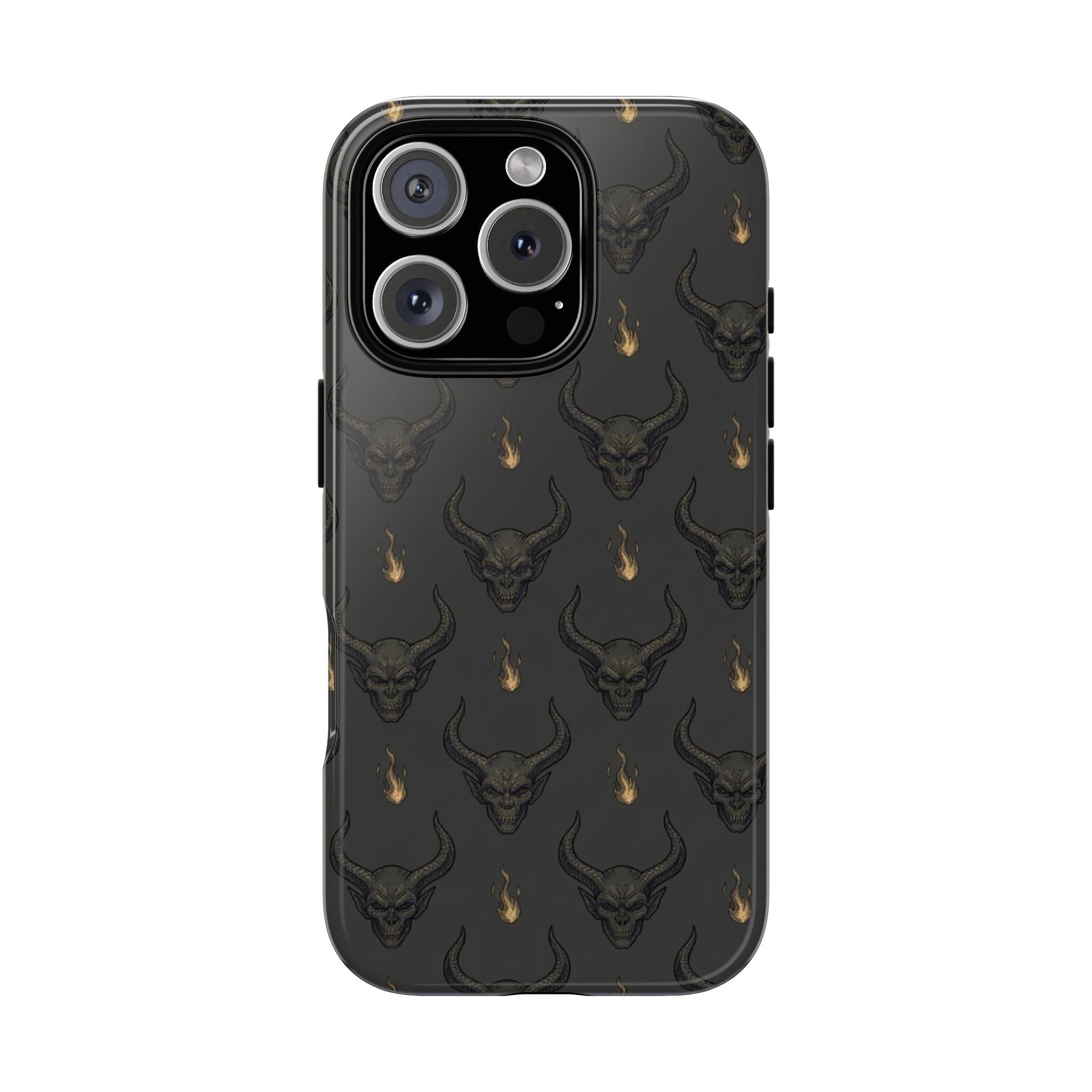 Dark Skull Pattern Phone Case — Gothic Bull Skull with Tiny Flame Accent