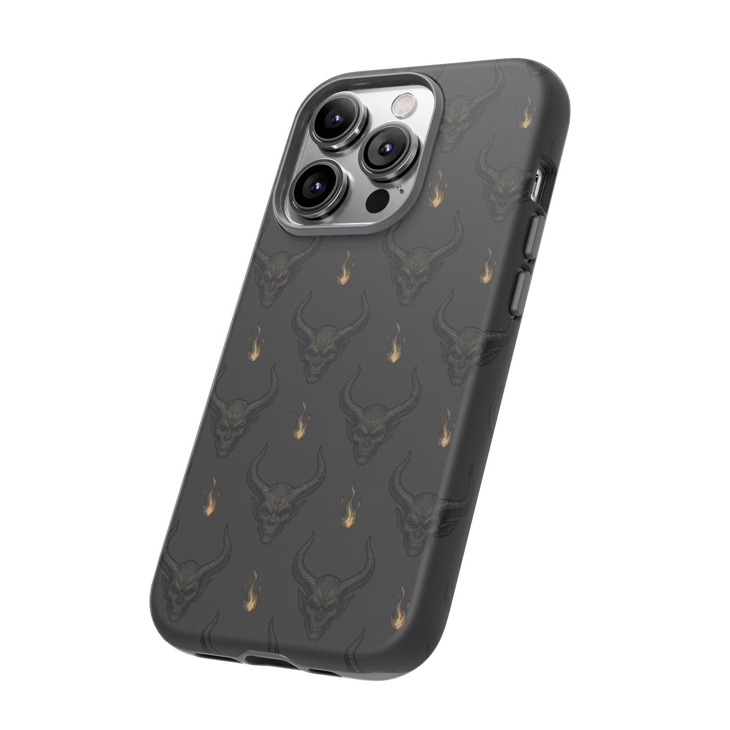 Dark Skull Pattern Phone Case — Gothic Bull Skull with Tiny Flame Accent