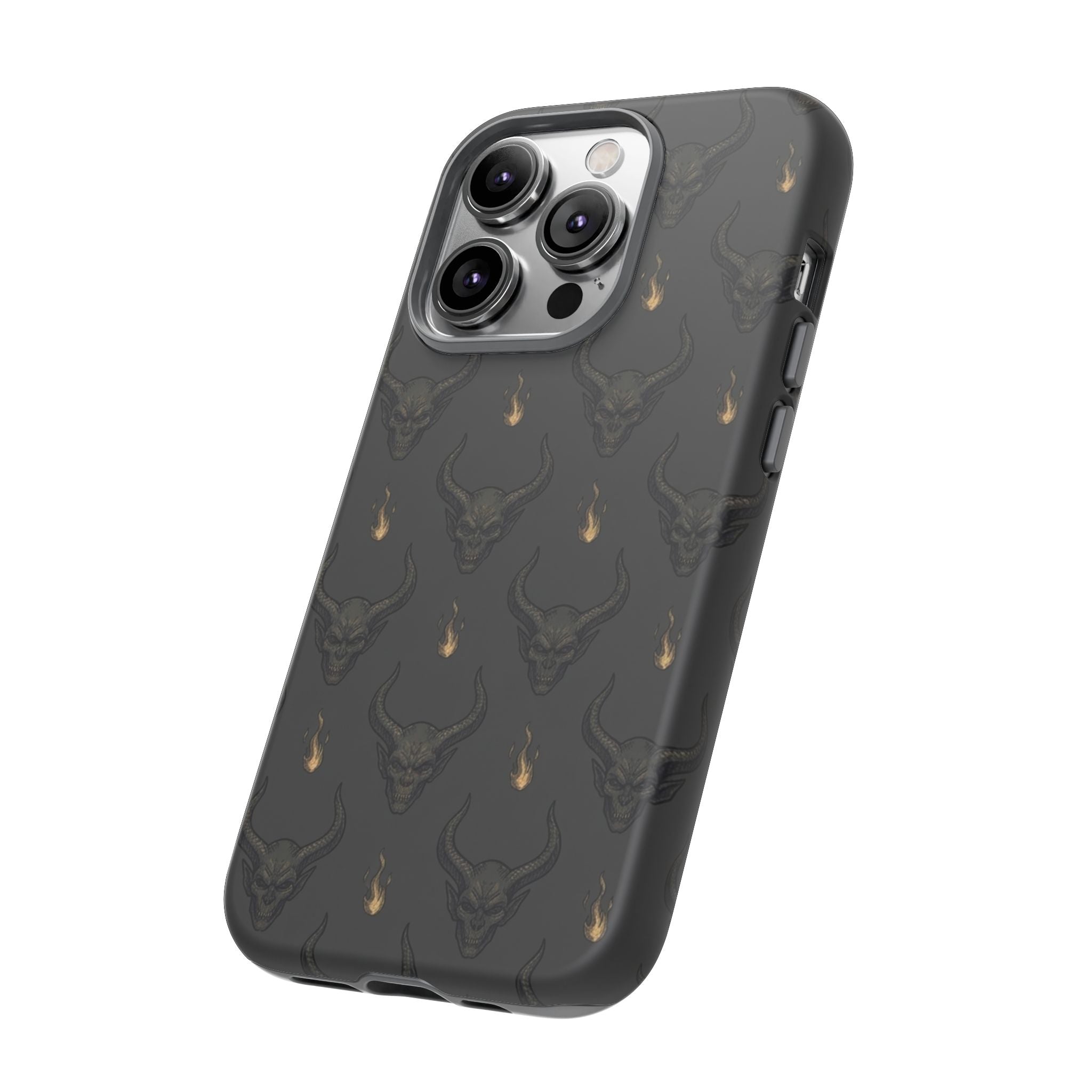 Dark Skull Pattern Phone Case — Gothic Bull Skull with Tiny Flame Accent
