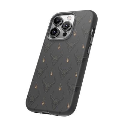 Dark Skull Pattern Phone Case — Gothic Bull Skull with Tiny Flame Accent