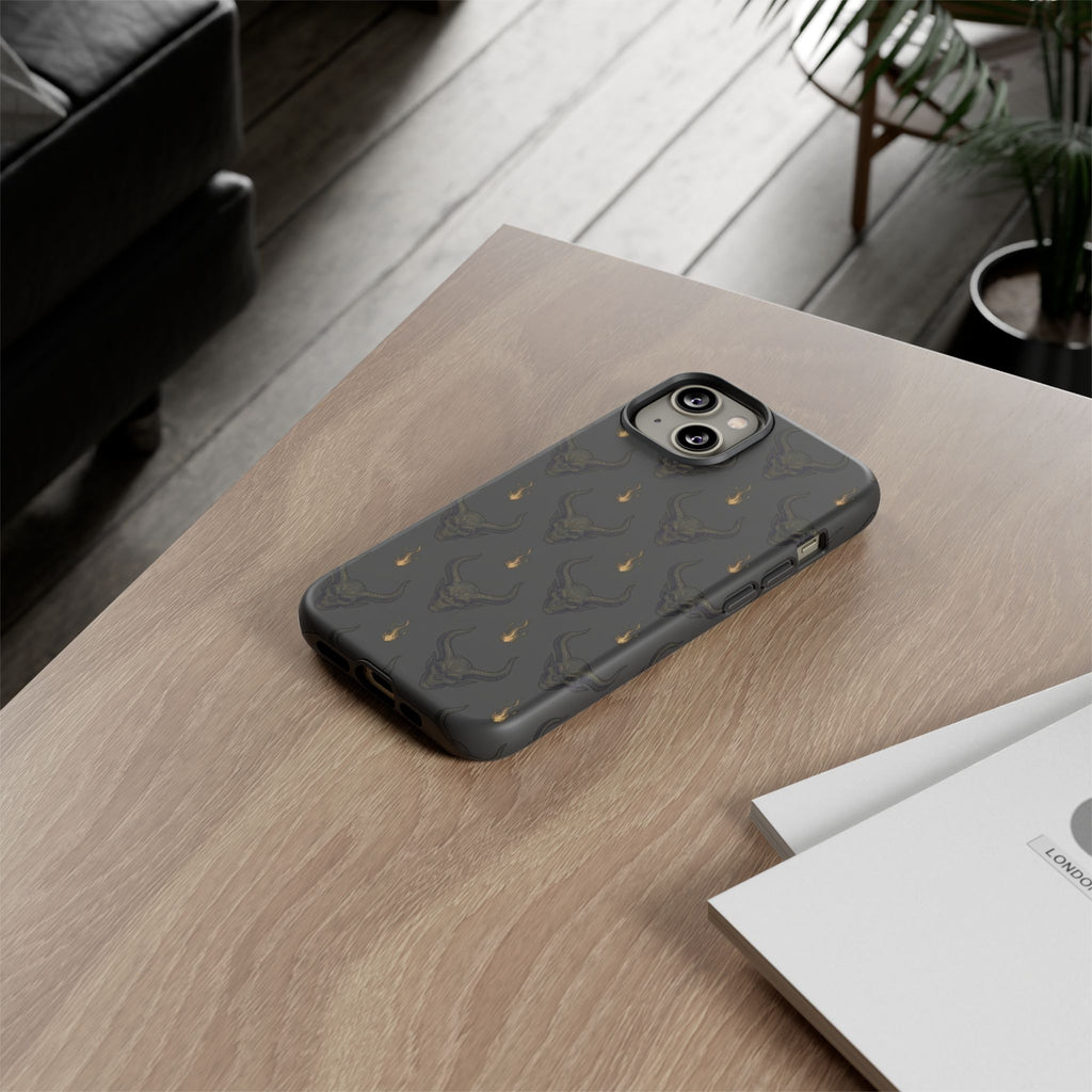 Dark Skull Pattern Phone Case — Gothic Bull Skull with Tiny Flame Accent