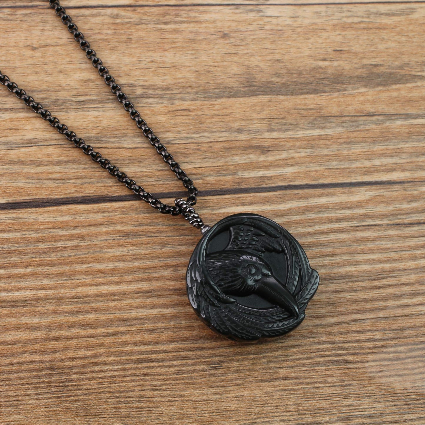 Stainless Steel Raven Obsidian Chain Necklace
