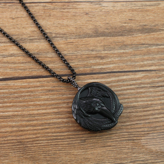 Stainless Steel Raven Obsidian Chain Necklace
