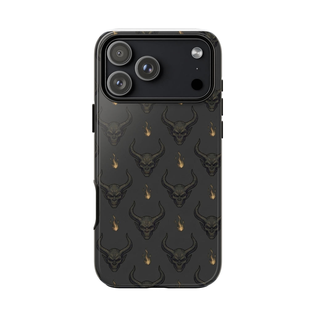 Dark Skull Pattern Phone Case — Gothic Bull Skull with Tiny Flame Accent