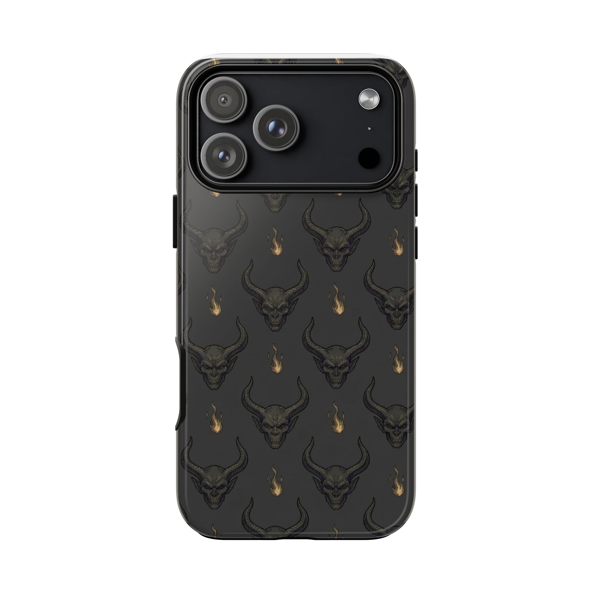 Dark Skull Pattern Phone Case — Gothic Bull Skull with Tiny Flame Accent