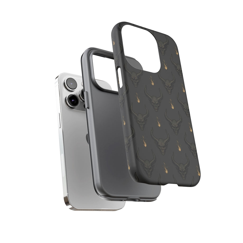 Dark Skull Pattern Phone Case — Gothic Bull Skull with Tiny Flame Accent