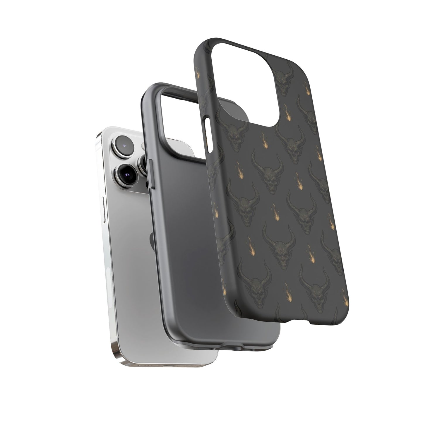 Dark Skull Pattern Phone Case — Gothic Bull Skull with Tiny Flame Accent