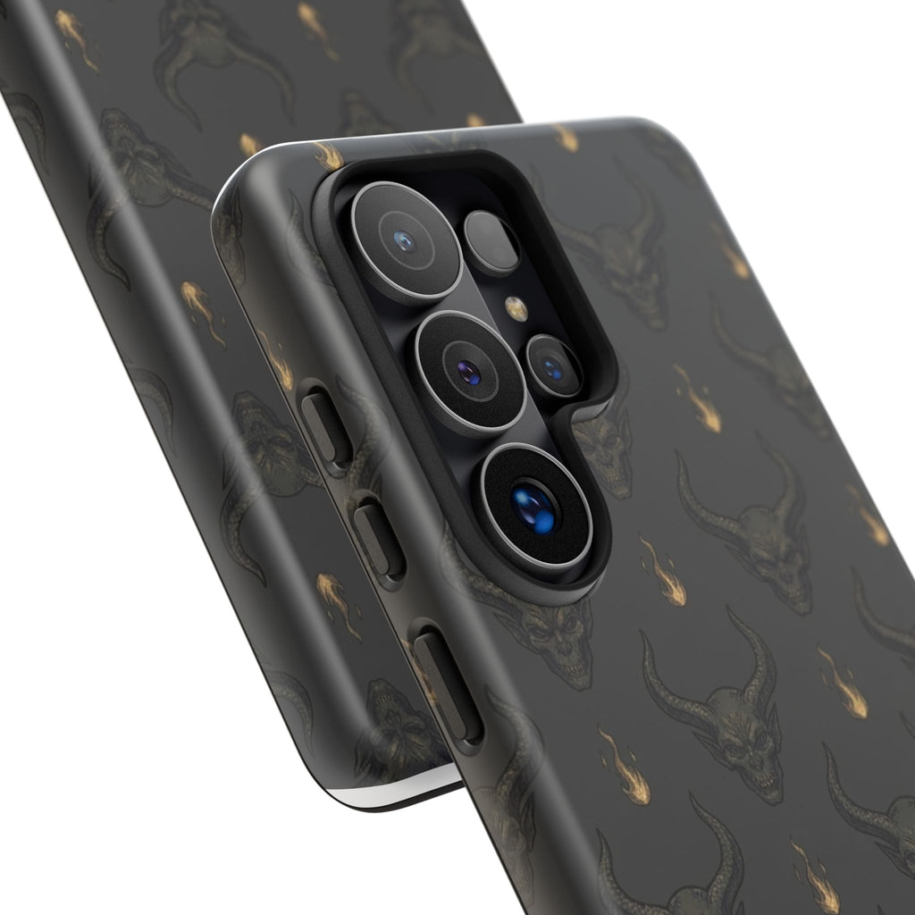 Dark Skull Pattern Phone Case — Gothic Bull Skull with Tiny Flame Accent