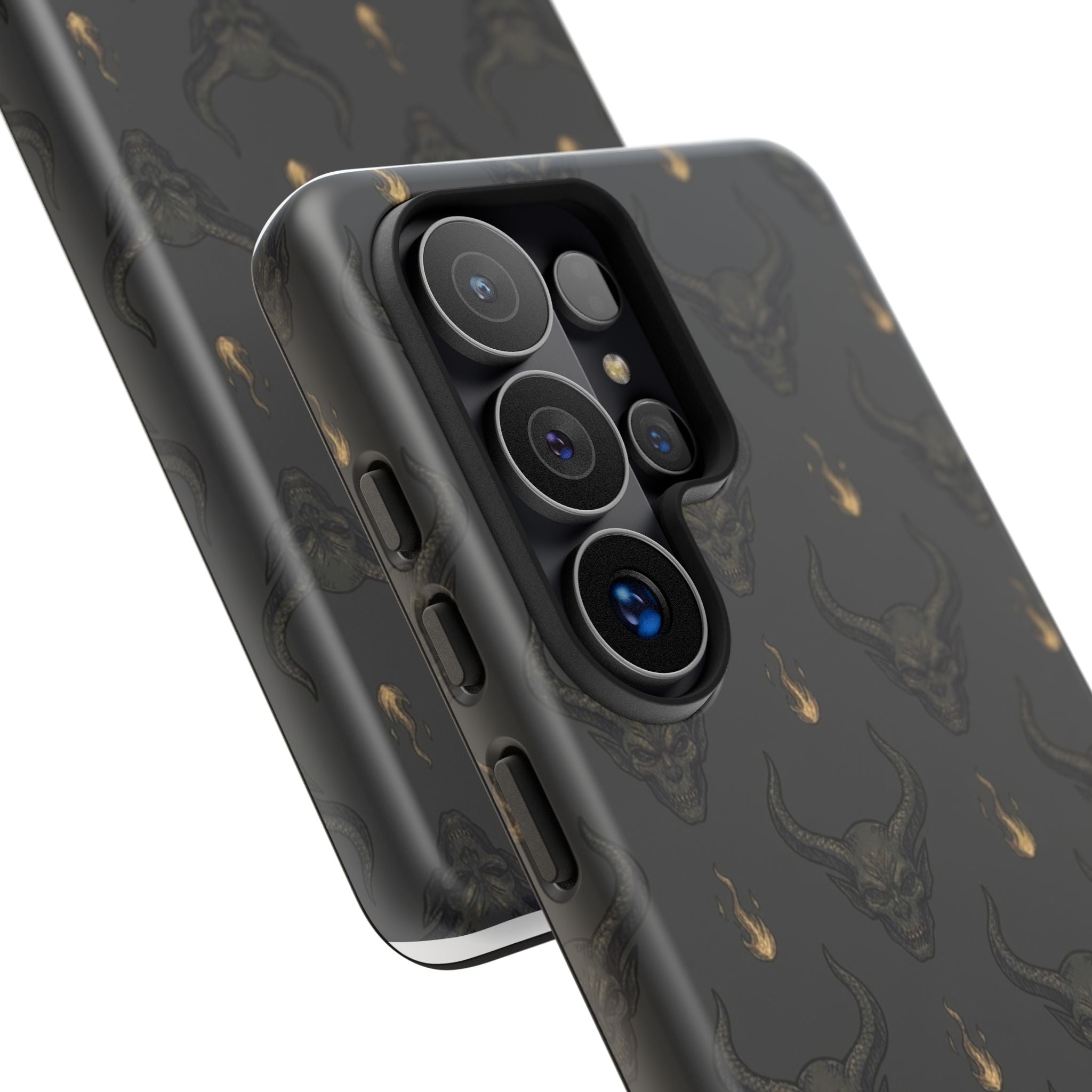 Dark Skull Pattern Phone Case — Gothic Bull Skull with Tiny Flame Accent