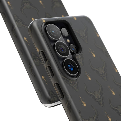 Dark Skull Pattern Phone Case — Gothic Bull Skull with Tiny Flame Accent
