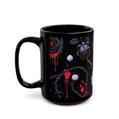 Gothic Moon & Bats Black Coffee Mug – Dark Rose, Chains & Dripping Blood Design (11oz/15oz)