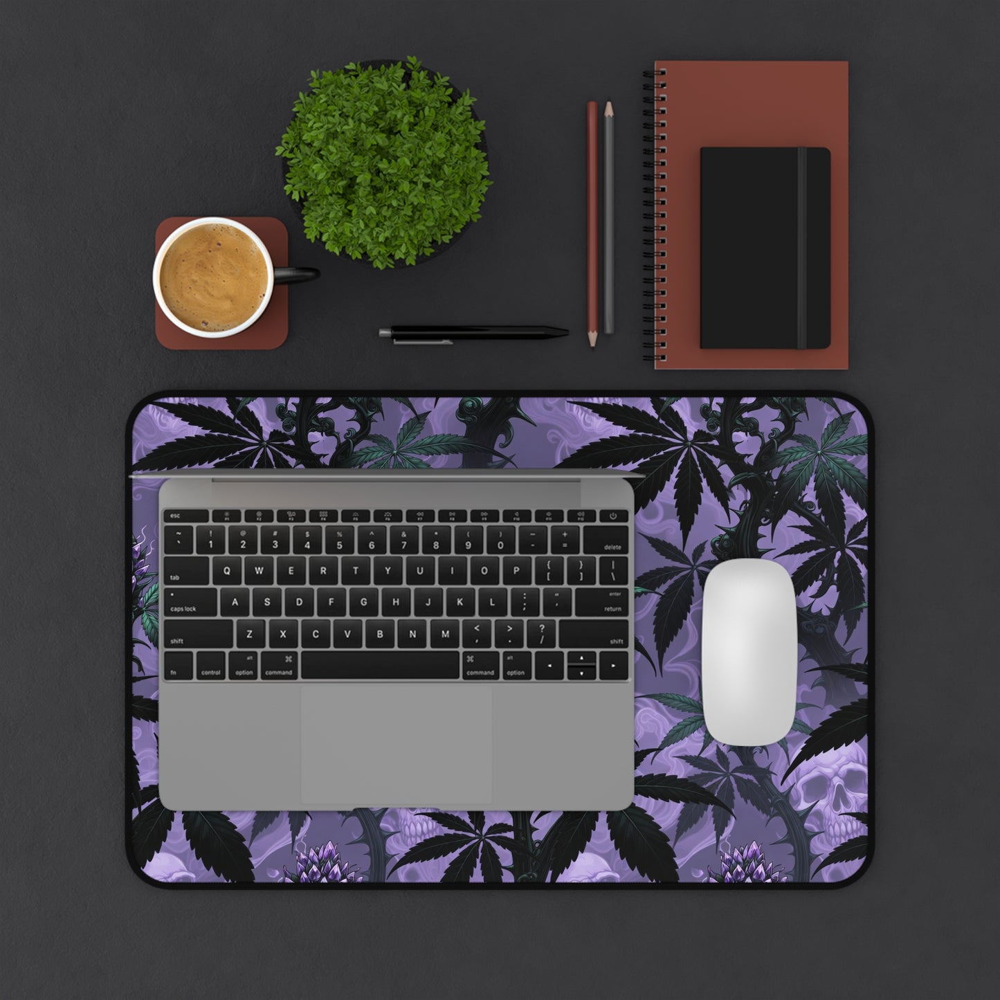 Purple Cannabis Leaf Desk Mat — Gothic Skull & Bud Gaming Mouse Pad
