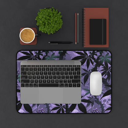 Purple Cannabis Leaf Desk Mat — Gothic Skull & Bud Gaming Mouse Pad