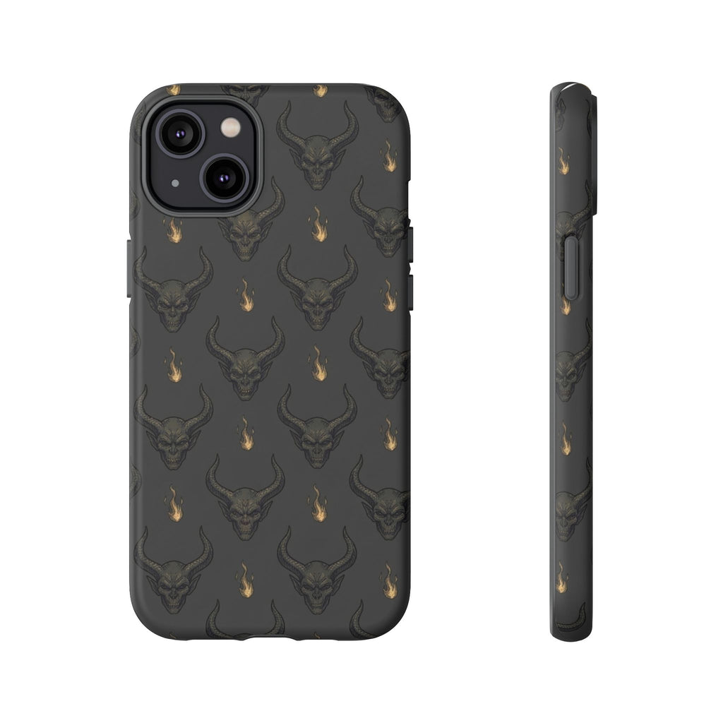Dark Skull Pattern Phone Case — Gothic Bull Skull with Tiny Flame Accent