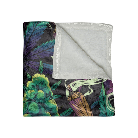 Crushed Velvet Blanket — Psychedelic Cannabis Leaf & Bud Print Cozy Throw