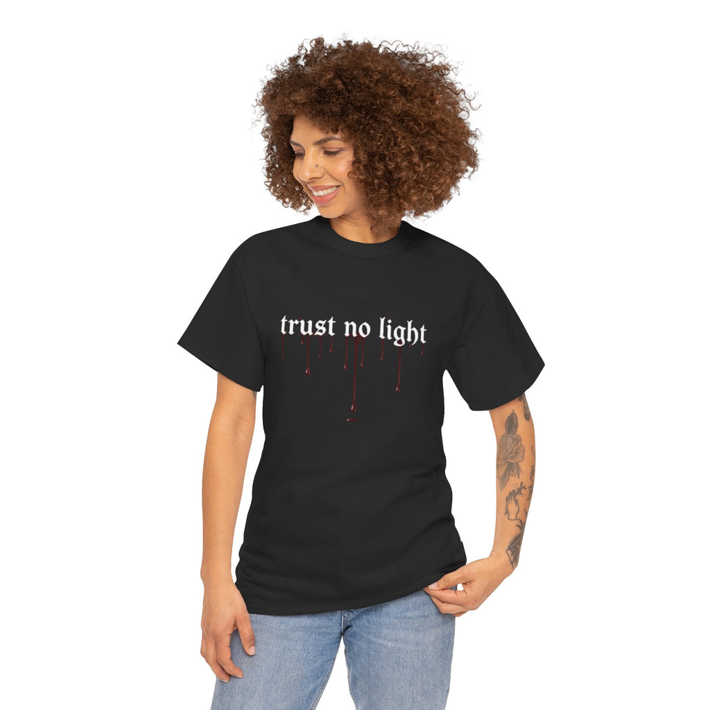 Trust No Light Snake Graphic Tee — Gothic Black T-Shirt with Dripping Text