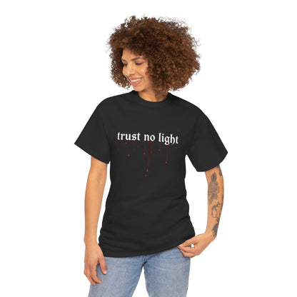 Trust No Light Snake Graphic Tee — Gothic Black T-Shirt with Dripping Text